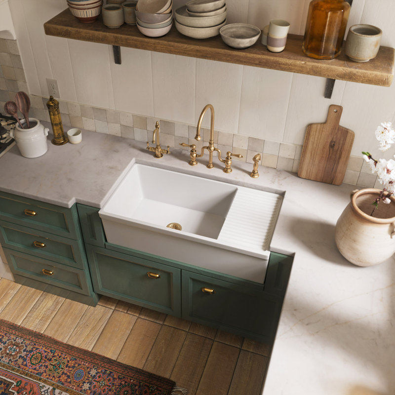 Whitehaus Collection Bridge Faucet with Gooseneck Swivel Spout and Solid Brass Side Spray, Antique Brass, Lever Handle