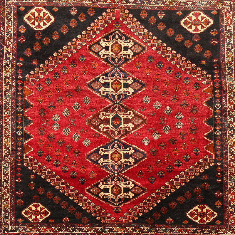 Tapis traditionnel rouge / noir, Rond 8 pi