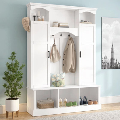 Arbre d'entrée moderne tout-en-un avec tablettes réglables | Banc de rangement Classic Classic Élégant organisateur de hall d'entrée avec 7 crochets pour le vestibule, le couloir ou le salon