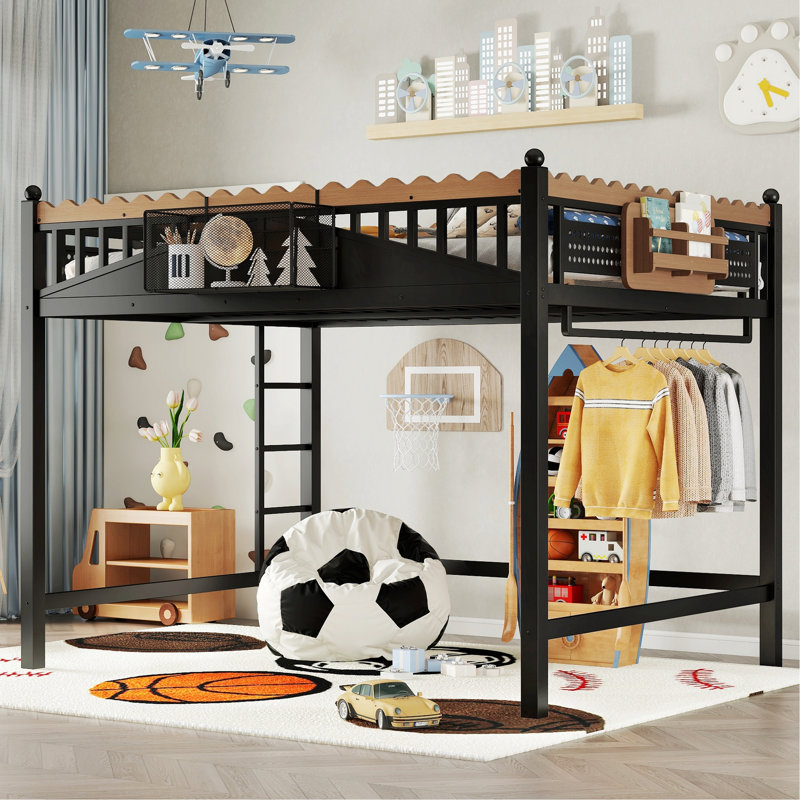 Lit mezzanine avec échelles, lit mezzanine en métal avec étagères de rangement, Grand lit