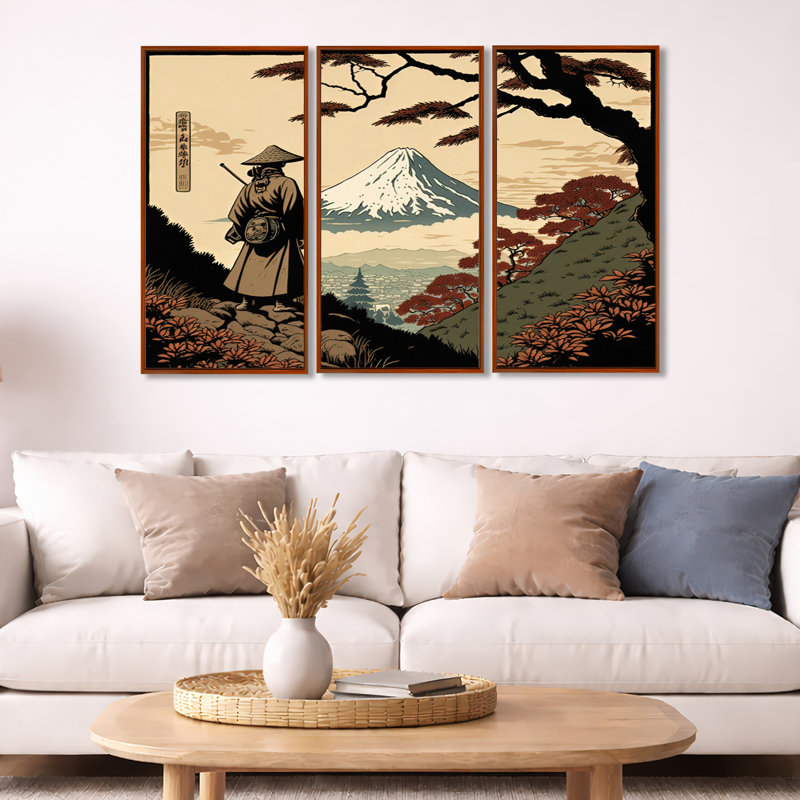 Samurai In Japon I - Ensemble d'art mural sur toile traditionnel, H 32 po x l 48 po, Cadre brun