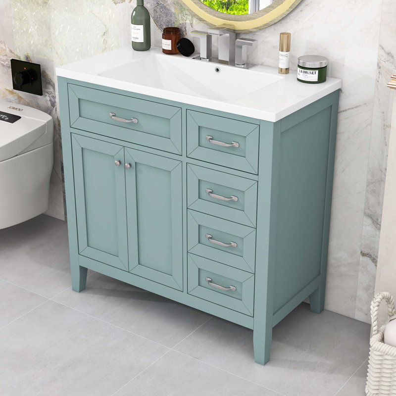 Ensemble de meuble-lavabo simple en bois avec plateau en céramique, meuble-lavabo et tiroirs de rangement Tinth, Vert