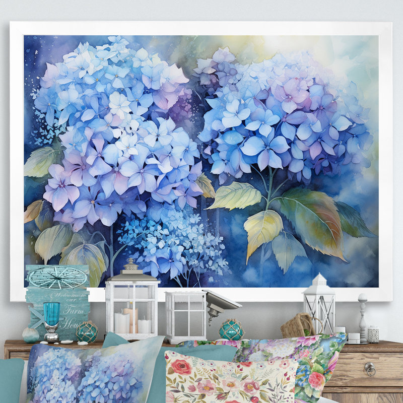 «Blue Hydrangea Farmhouse Still Life I - Hydrangea», art mural, Cadre simple blanc, H 30 po x l 40 po x P 1,5 po