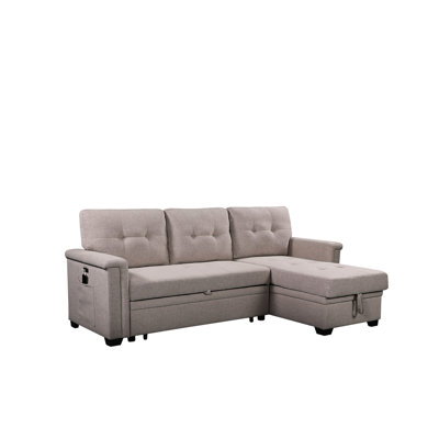 84" Gray Linen Sectional With Plump Stitching & Cell Phone Pocket Reversible Cover