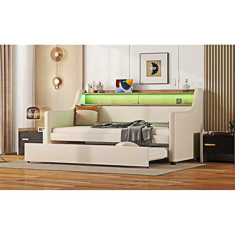 Upholstered Daybed With Trundle And Charging Station, Beige