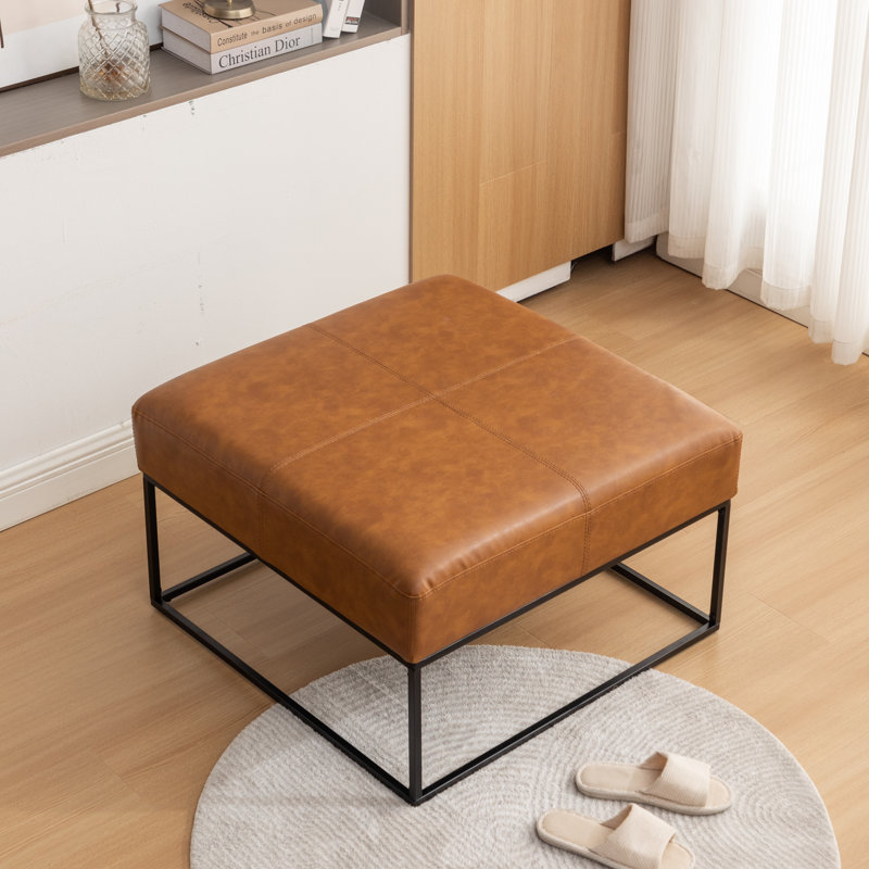 Cattibrie Leather Upholstered Square Ottoman, Brown Faux Leather