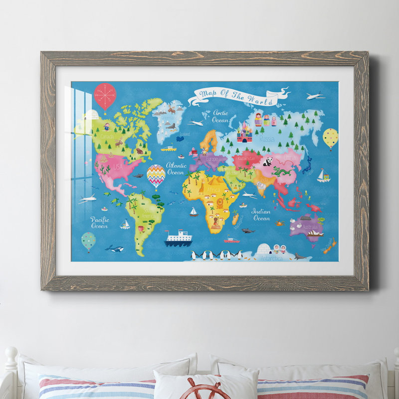 Voyage autour du monde - Reproduction d'art graphique sur papier encadré, H 31 po x l 44 po x P 1 po, Gris