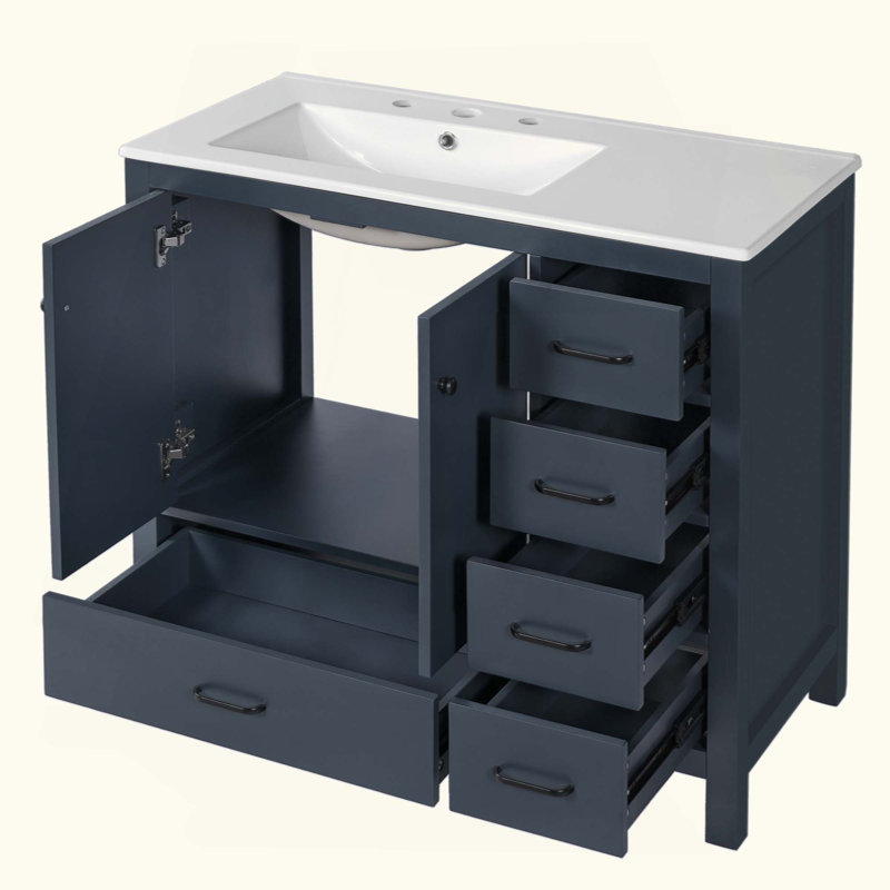 Ensemble de meuble-lavabo avec lavabo en céramique, armoire de rangement abondante, 2 portes à fermeture douce et 5 tiroirs