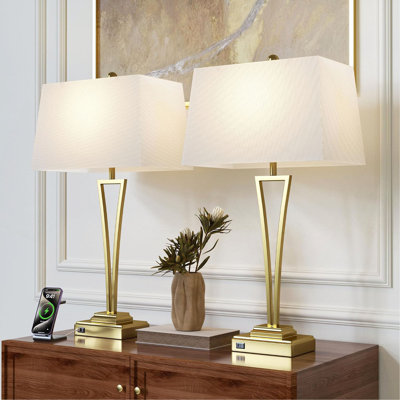 Table Lamps Set of 2 for Living Room, 30.5" Tall Large Metal Bedside Lamps with USB A+C Ports, Modern Bedroom Lamps with Rectangular Shade for Nightstand End Table