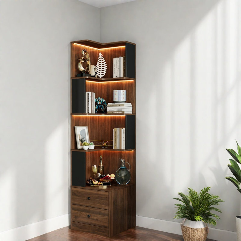 Bibliothèque d'angle avec rangement, tablette à 4 niveaux en MDF et bois, éclairage DEL moderne