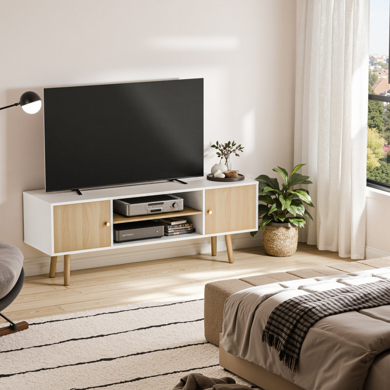 Jakerra TV Stand with Power Outlets and Adjustable Shelf, Oak/White, 19.7"H x 15.7"L x 53.1"W