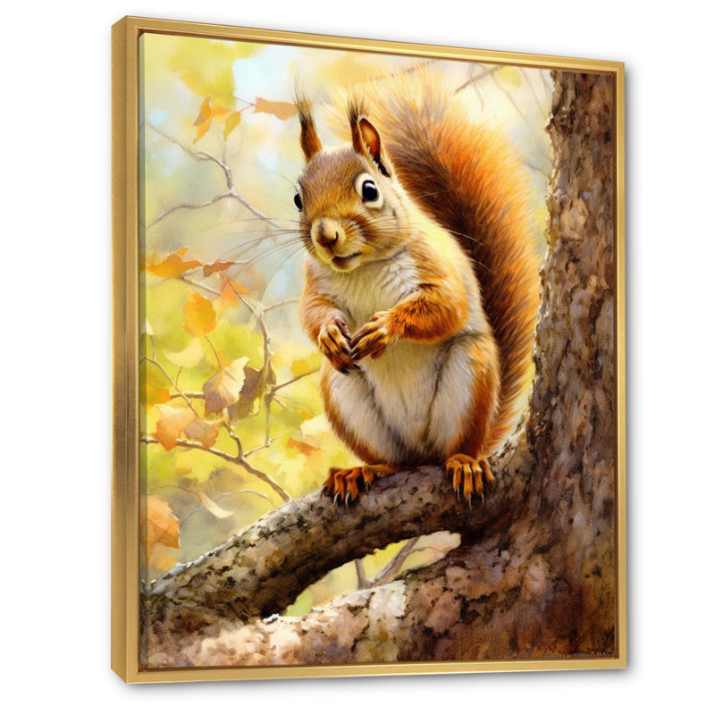 Écureuil vif IV sur toile, H 40 po x l 30 po x P 1,5 po, Cadre flottant doré
