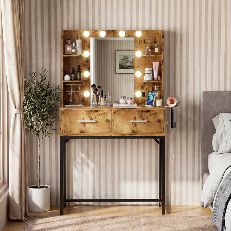 Vanity Desk with Mirror, Power Outlet & LED Lights, Makeup Vanity Table with 2 Drawers & 4 Shelves, Dressing Table for Bedroom Dressing Room