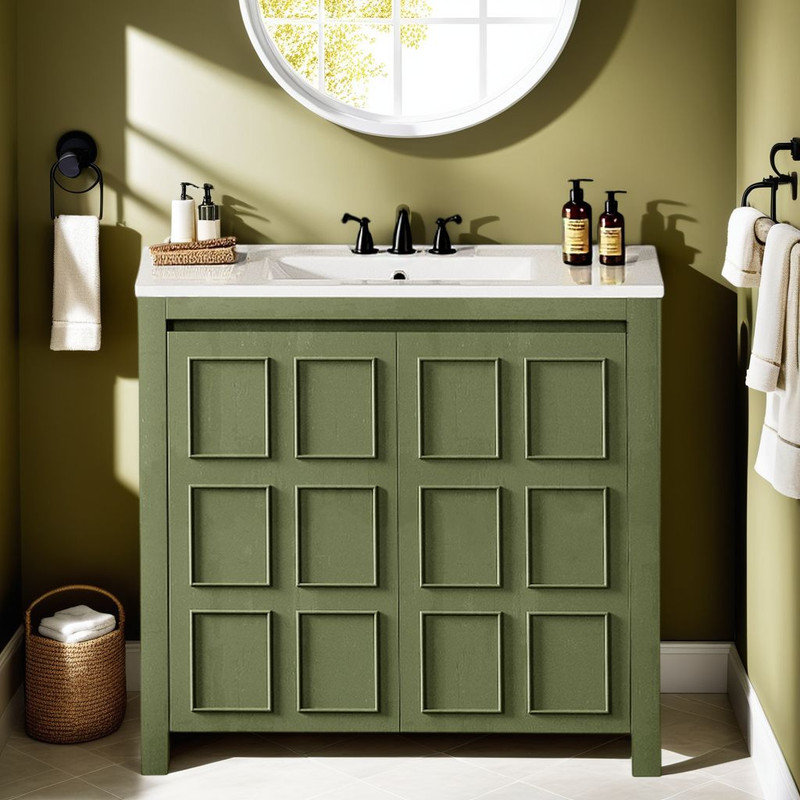 Meuble-lavabo rustique 36 po - finition vieillie, lavabo en céramique, fermeture en douceur?, Vert