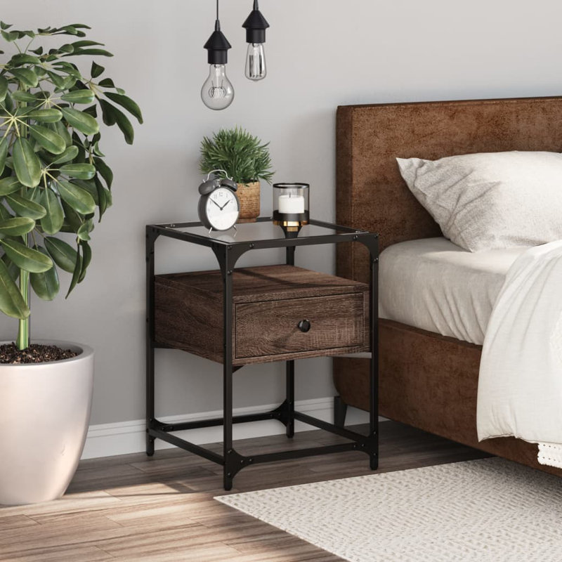 Ahlerich 40cm W Steel Bedside Table, Brown Oak