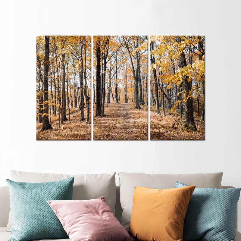 Autumn Forest Landscape Canvas Wall Art: Elegant Fall Decor Print,3P Wrapped Canvas, H: 35.4 x W:70.9 inches