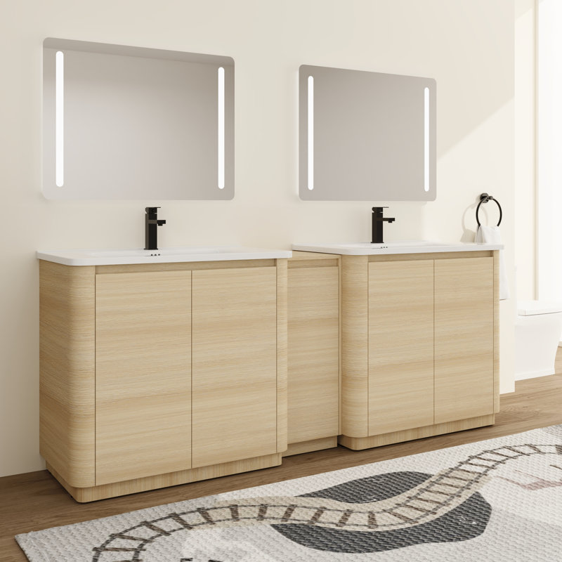 Ensemble de meuble-lavabo double 84 po avec plateau en céramique Ornar, meuble-lavabo double autoportant avec lavabo en céramique