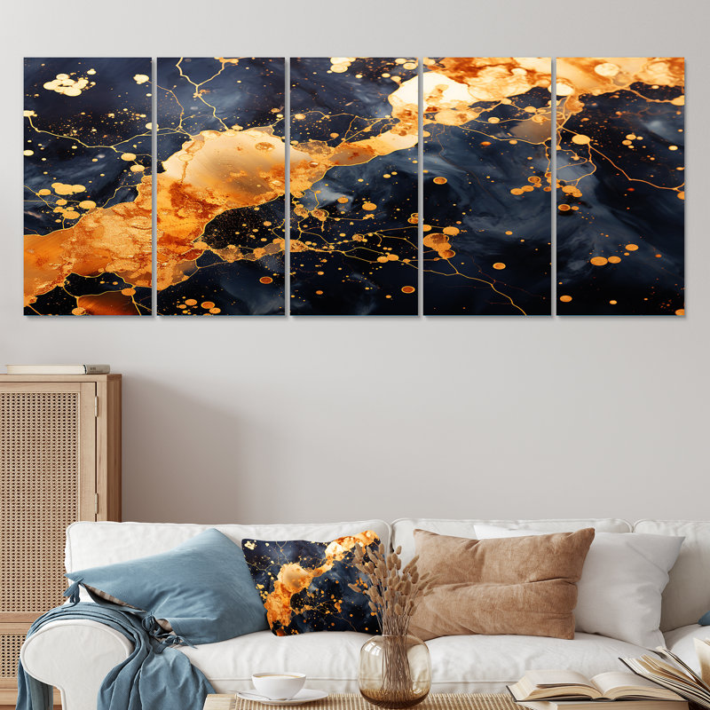 Or et galaxie noire - Tachisme, art mural 5 pièces, H 28 po x l 60 po