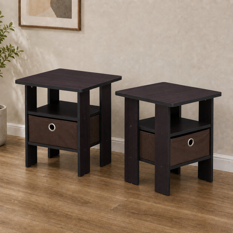 Tidur Bedside Table Nightstand with Bin Drawer, Set of 2, Dark Walnut