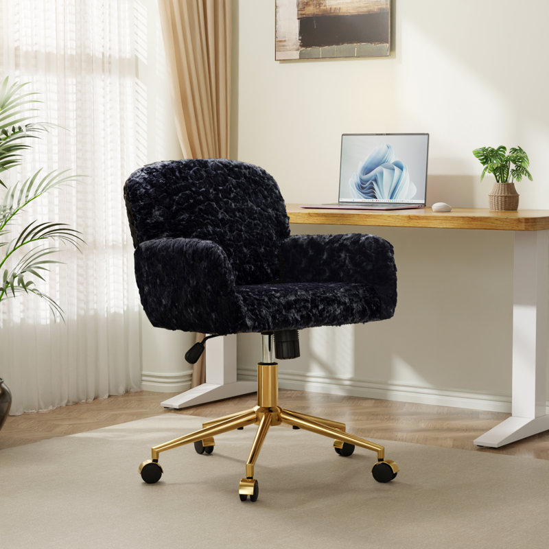 Swivel Adjustable Office Chair With Golden Metal Base, Black