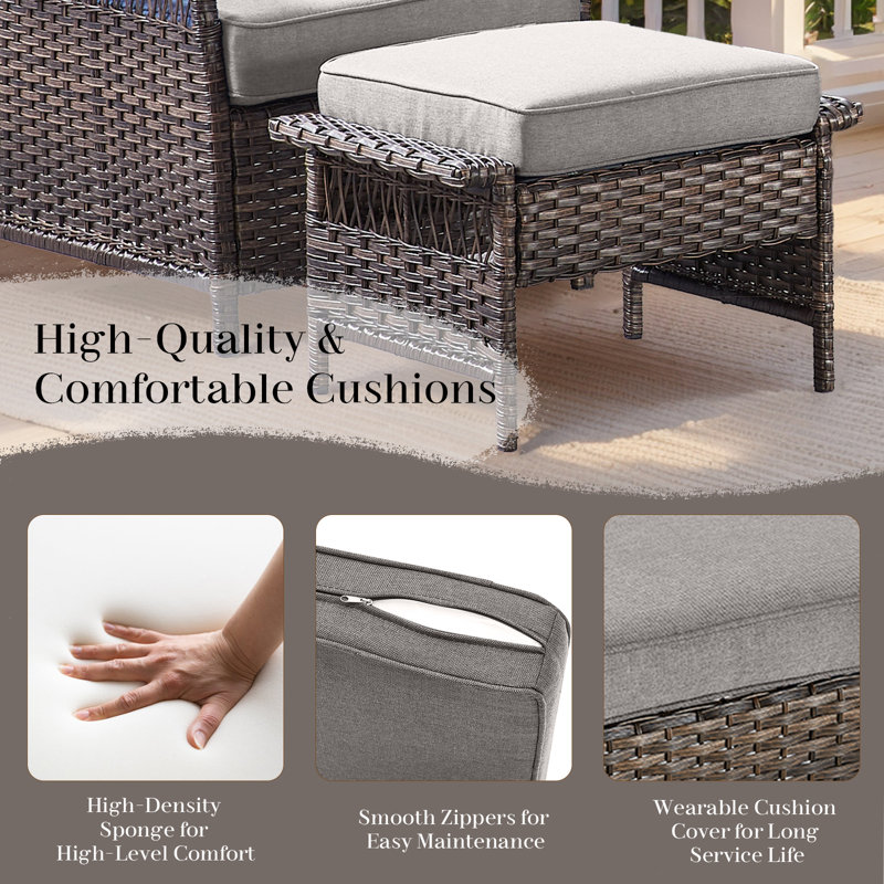 Tapash Premium 3-Seat Rattan Sofa With 2 Outdoor Wicker Ottomans  Comfortable Weatherproof Cushions For Patio, Garden, And Backyard Relaxation