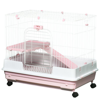 Pink Small Animal Cage With Wheels And Removable Tray For Pet's Happy Life, , Chinchillas, Ferret 2-level Rabbit Wheels, Tray, Ferret, Color