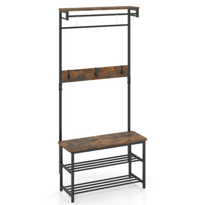 4-In-1 Multi-Functional Hall Tree Coat Rack, Padded Seating Shoe Bench & Removable Durable Hooks, Anti-Tip Design Suitable For Entryway