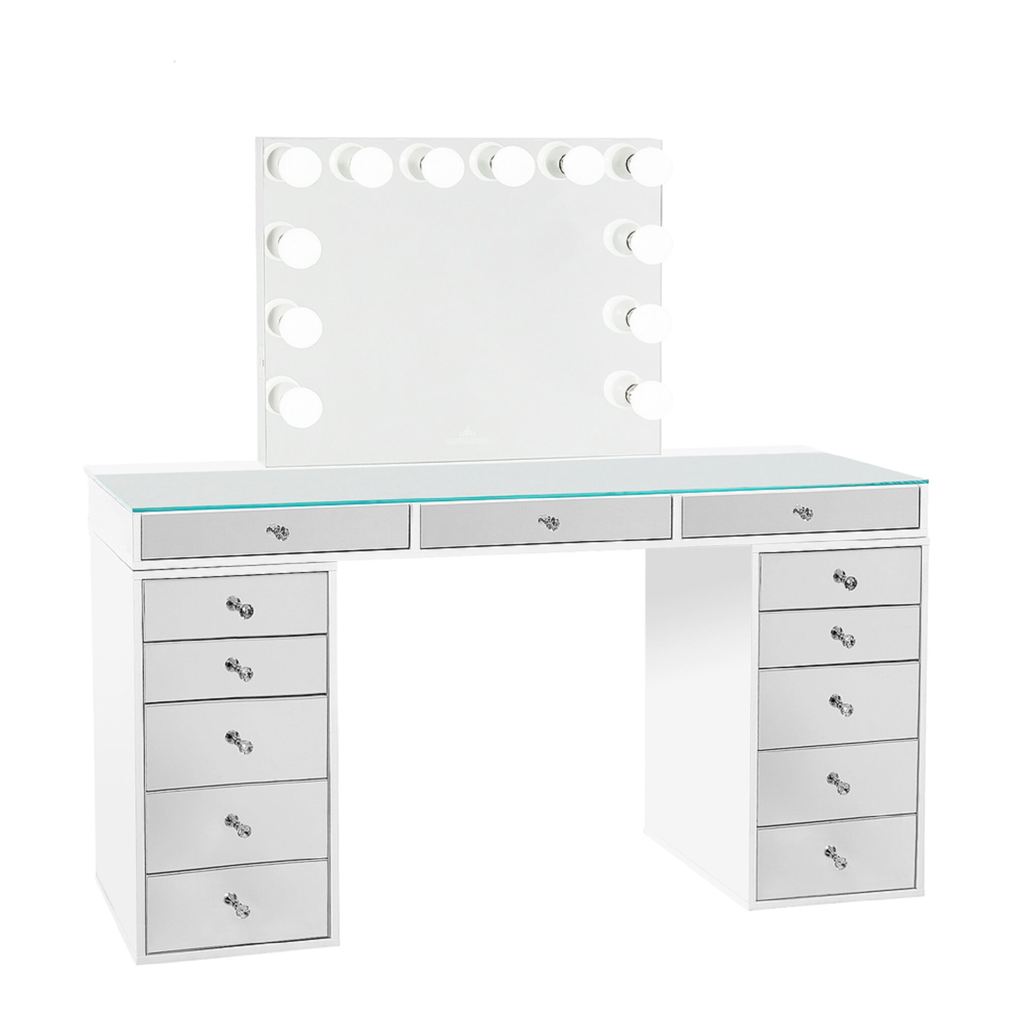 Mini SlayStation Kylie 1.0 Vanity Table with Clear View Glass Top + Vanity Mirror Bundle for Desk Everly Quinn Color: Silver