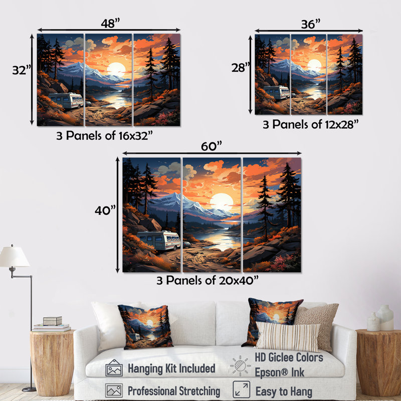 «Camping Van Charm At Sunset», ensemble d'art mural sur toile, Toile tendue, H 28 po x l 36 po x P 1 po