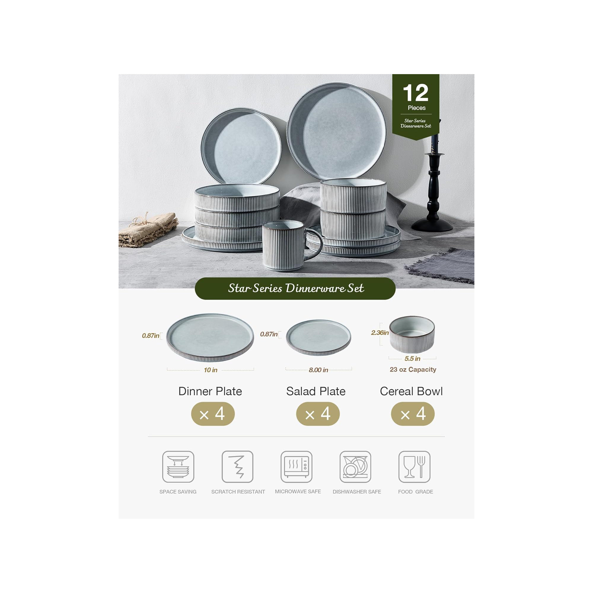 Stoneware Dinnerware Set, Service for 4, Smoky Blue