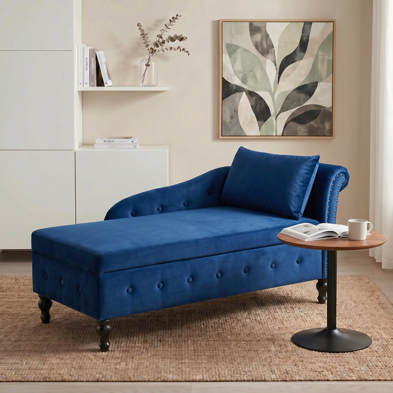 Chaise longue de rangement en velours Eastham, Bleu, Orienté vers la gauche