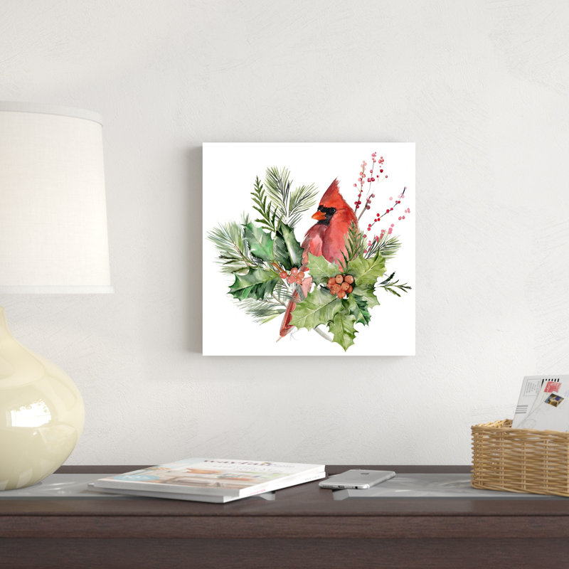 «Cardinal Holly Christmas I» par Jennifer Paxton Parker - reproduction d'art sur toile tendue, H 12 po x l 12 po