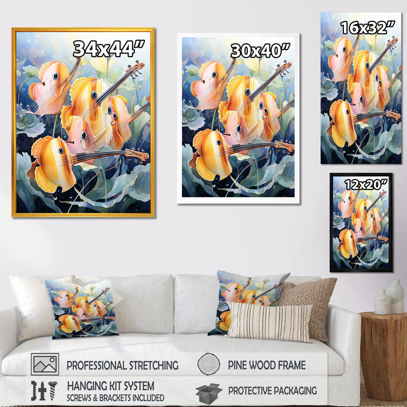 Orange papillon, musique mélodique - Art mural poisson papillon, Cadre flottant brun, H 40 po x l 30 po x P 1,5 po