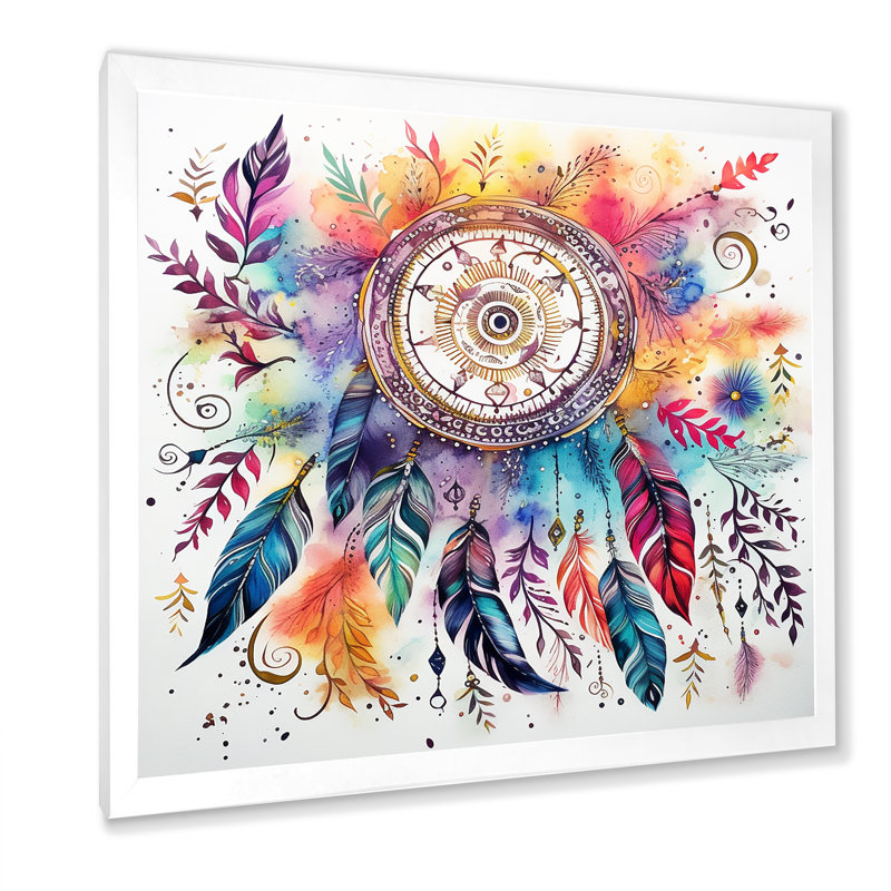 Rainbow Boho Dreamcatcher, aquarelle encadrée sur toile, Cadre simple blanc, H 24 po x l 24 po x P 1 po