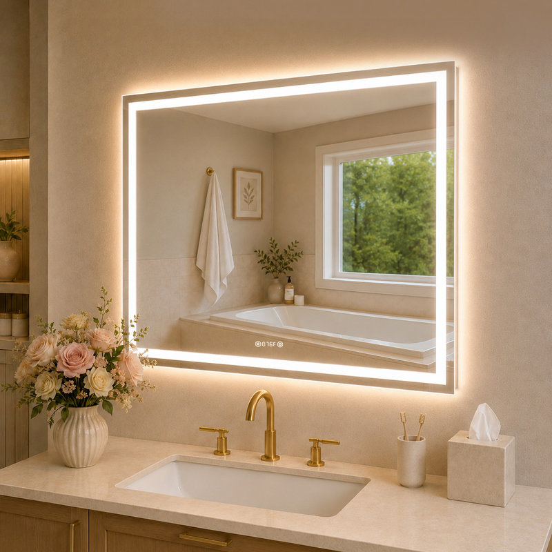 TMMV l 42 po x H 36 po Miroir de salle de bain mural anti-buée à lumière DEL en cristal poli, L 42 po x H 36 po