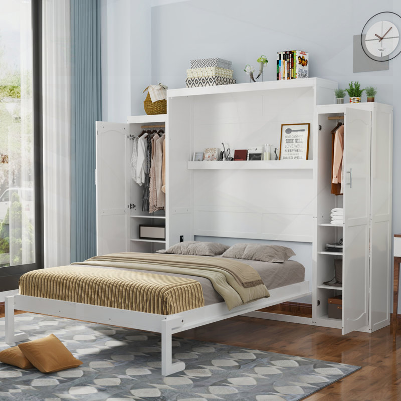 Lit escamotable double avec 2 armoires et tablette de rangement, plateforme pliable multifonctionnelle pour chambre d'amis, chambre à coucher
