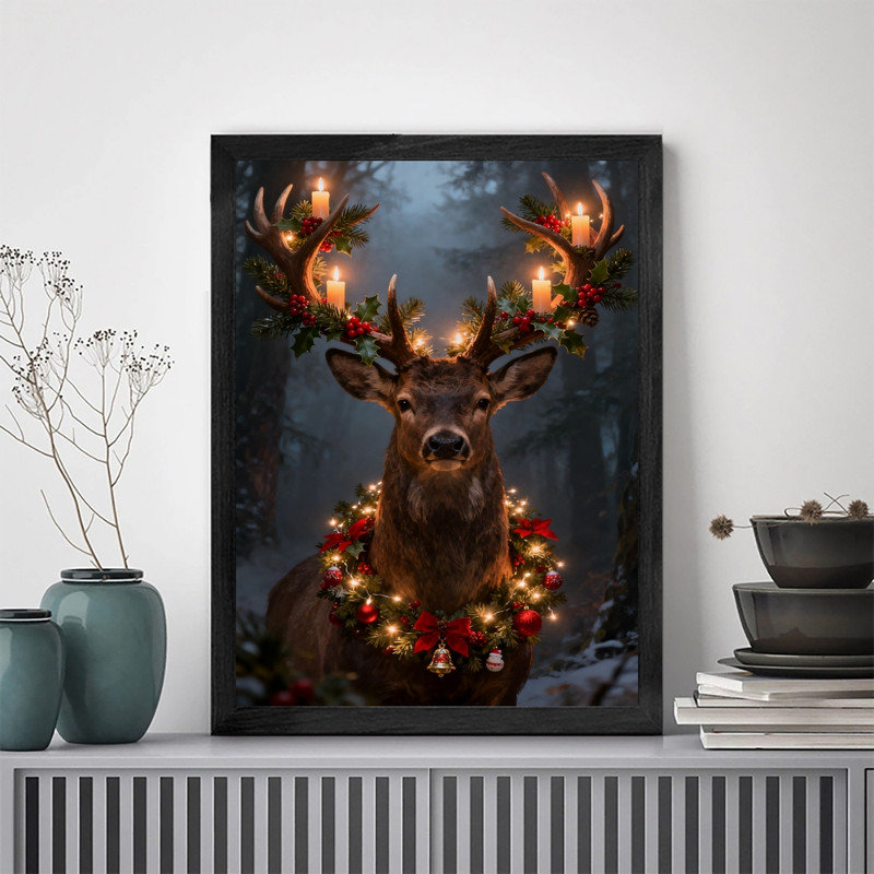 Black Framed Christmas Reindeer Wall Art - Festive Candlelit Antlers & Wreath Decor Framed Prints, 25" H x 17" W