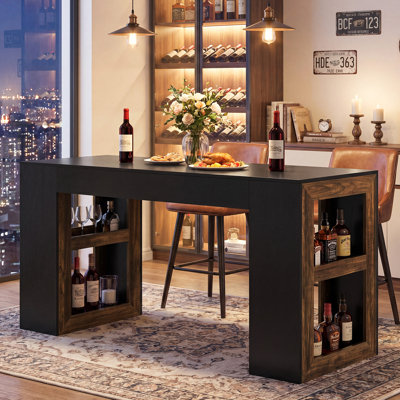 63 Inch Rustic Bar Table, Counter Height Pub Table With Dual-Side Storge Shelves, Rectangular Home Bar Unit For Kitchen, Dining Room, Bistro