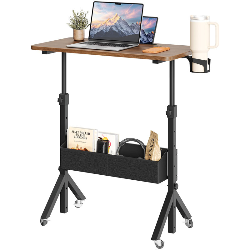 Mobile Standing Desk With Wheels, Adjustable Height (28.3″ To 46.3″), Rolling Laptop Cart With Storage Basket, Cup Holder, And Computer Slot – Compact Home Office Desk (31.5″ X 15.75″), Walnut