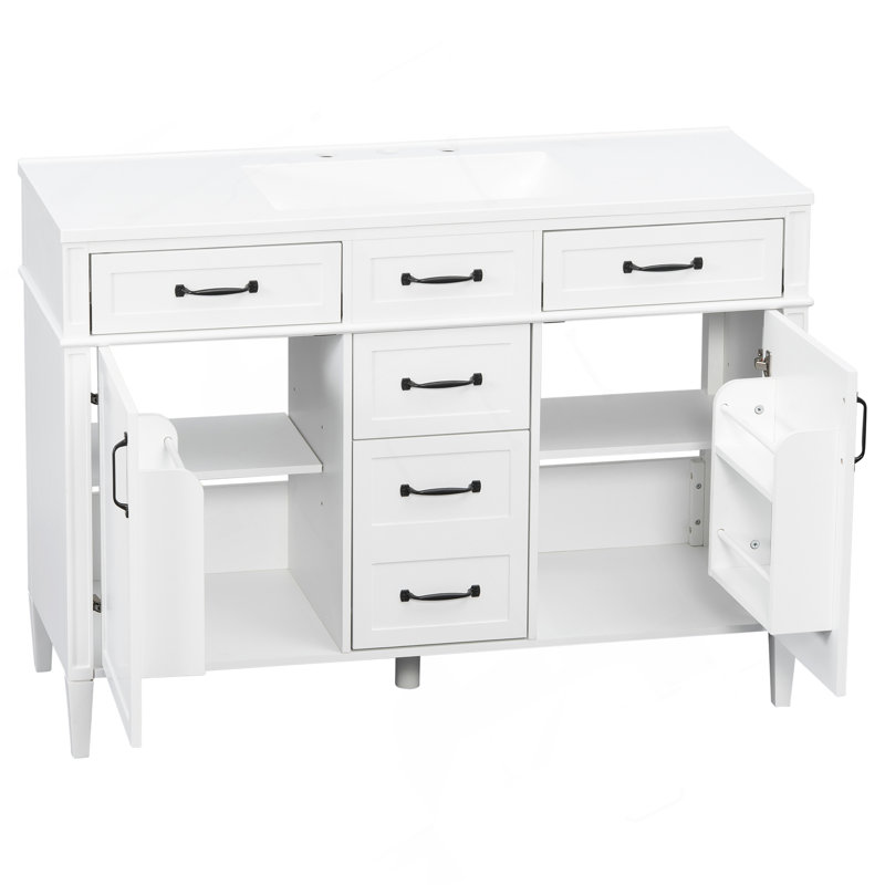 Meuble-lavabo autoportant 48 po avec 4 tiroirs, 2 portes, tablettes réglables et poignées noires, Blanc