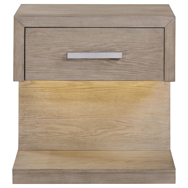 Keno Nightstand, 27 Inch Brown Acacia Wood, Storage Drawer, LED Light