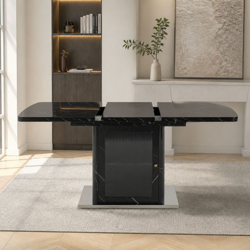 with Glass and Steel Base Dining Table, Noir