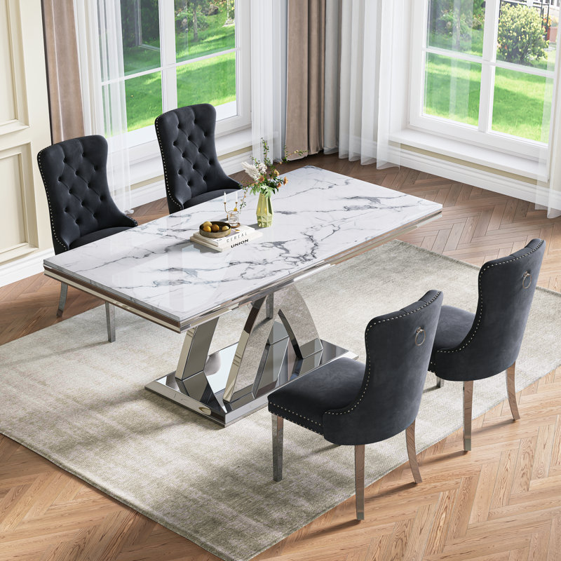 70.08" Modern Faux Marble Dining Table Set With Double X Base, Black/Silver, Silver, 5 Pieces: Table, 4 Chairs