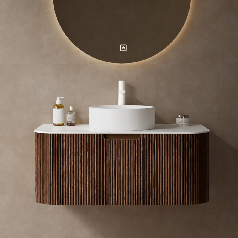 Dina 36" Striped Solid WoodBathroom Vanity With Sink, Modern Wall-mounted Floating Curved Edges Striped Bathroom Storage Cabinet With A Drawer, White Round Ceramic Basin Without Faucet, Pre-assembled