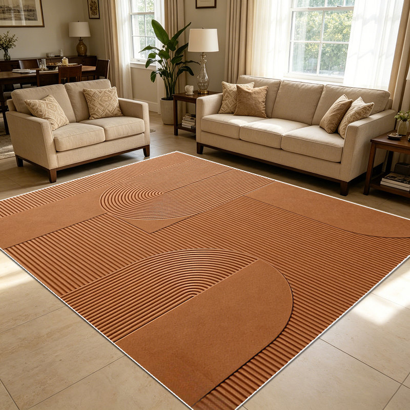 1PC Modern Brown Geometric Arch Ribbed Striped area rugs for Living Room, Soft and Comfortable, Suitable for all seasons, easy-to-maintain, machine washable Indoor floor mat, Under Table Farmhouse suitable for dining table, bedroom, entryway, home