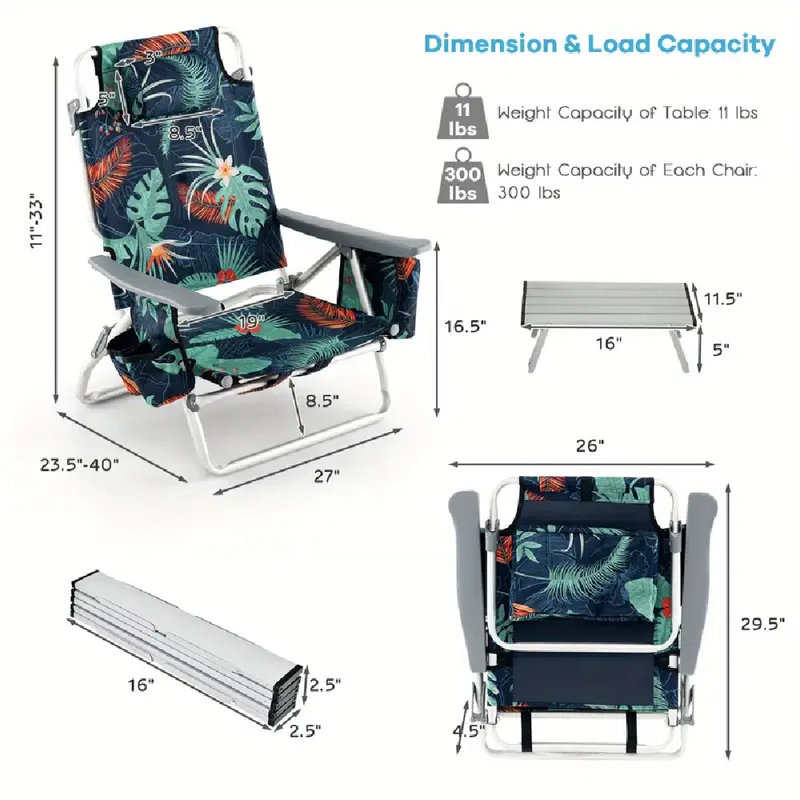 2-Pack Folding Backpack Beach Chair Table Set 5-Position Outdoor Reclining Chair