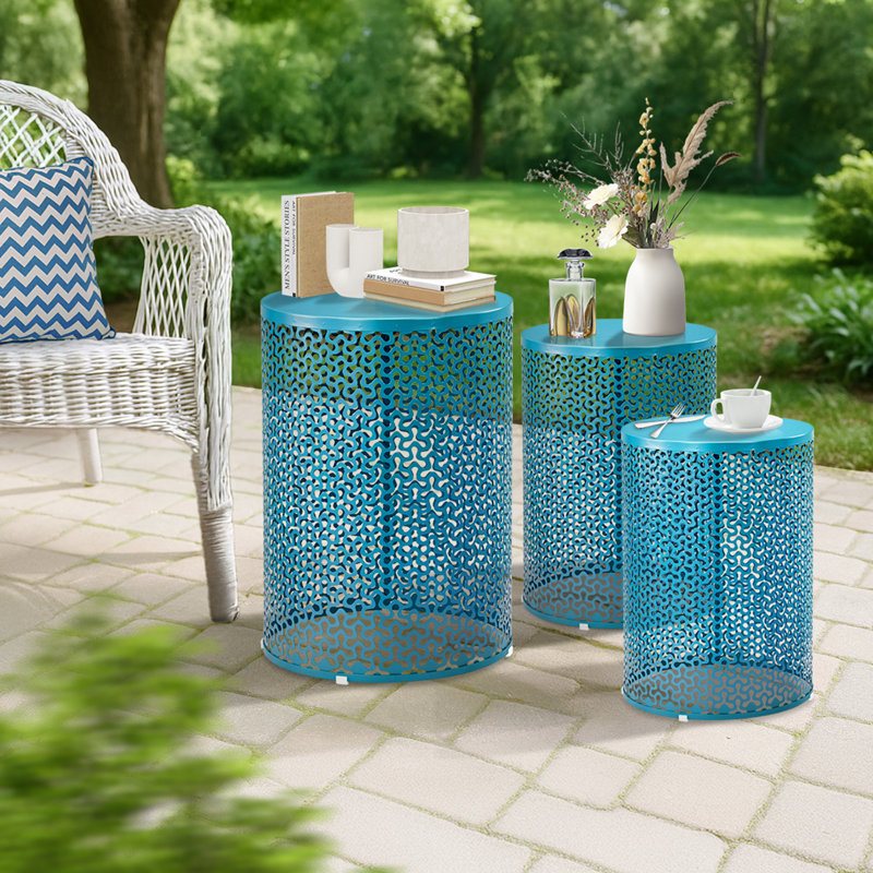 3-Piece Stackable Metal Outdoor Side Table, Blue