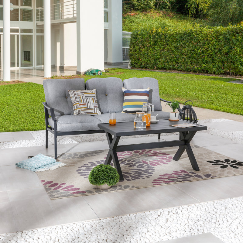 Ensemble de conversation d'extérieur en métal 2 pièces avec canapé rembourré et table basse, Gris