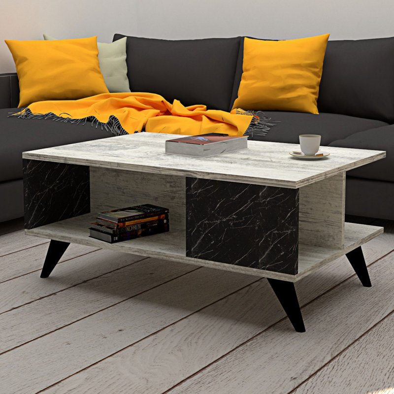 Modern 2-Tier Coffee Table, White & Black, 35.4 x 15.6 x 23.4 inches | 100% Melamine Coated Particle Board, Thickness: 0.7 inches | Stylish Multipurpose Design with Additional Storage for Living Room & Lounge