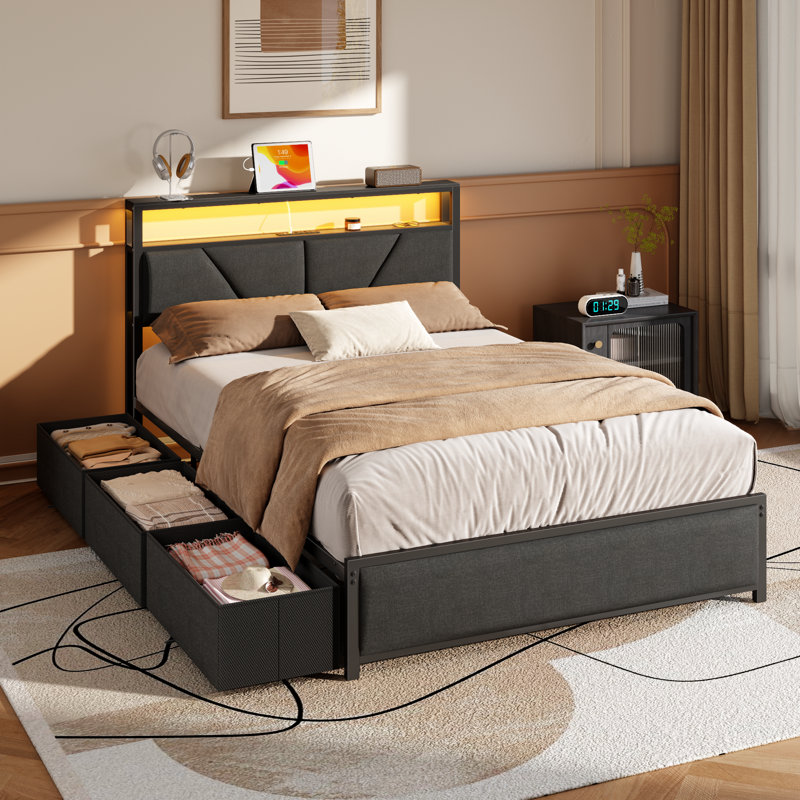 Structure de lit double avec 6 tiroirs sous le lit et tête de lit à rangement ouvert, lit plateforme tapissier avec lumière DEL réglable et station de charge, aucun sommier nécessaire